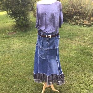 Boho up-cycled denim patch distressed jean maxi skirt / old navy 10 / bu…